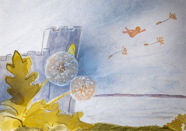 Illustration of a baby drifting through the air beside a castle by a lake, with a dandelion in the foreground